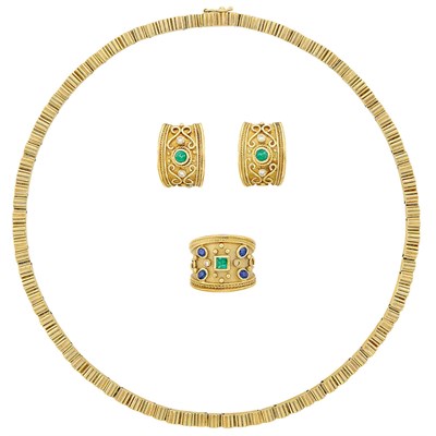 Lot 464 - Gold Necklace, Tiffany & Co., Pair of Gold, Gem-Set and Diamond Earclips and Ring