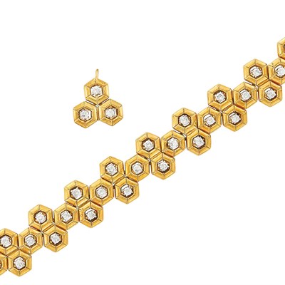 Lot 445 - Gold and Diamond Honeycomb Link Bracelet and Pendant, Tiffany & Co.