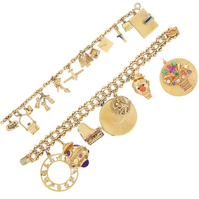 Lot 521 - Two Gold, and Gem-Set Charm Bracelets