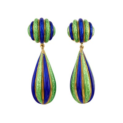 Lot 43 - Pair of Gold and Royal Blue and Lime Green Enamel Pendant-Earclips