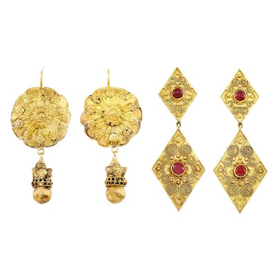 Lot 178 - Pair of Gold and Cabochon Garnet Pendant-Earclips and Pair of Antique Gold Pendant-Earrings
