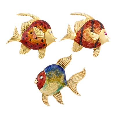 Lot 246 - Three Gold and Enamel Fish Pins