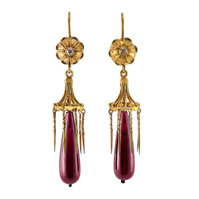 Lot 172 - Pair of Antique Gold, Diamond and Garnet Pendant-Earrings