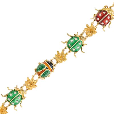 Lot 552 - Gold, Enamel and Diamond Insect Bracelet