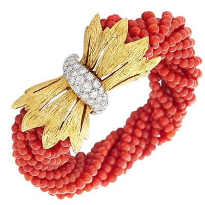 Lot 541 - Multistrand Coral Bead, Gold, Platinum and Diamond Torsade Bracelet, Laykin & Cie