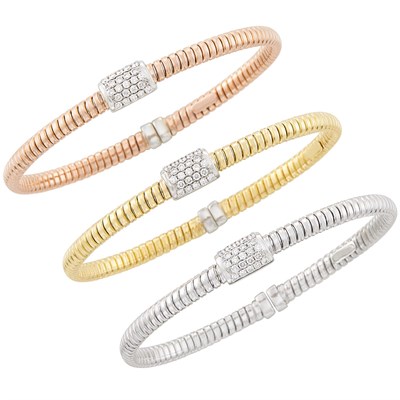 Lot 253 - Three Yellow, Rose and White Gold and Diamond Bangle Bracelets