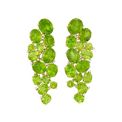 Lot 111 - Pair of Gold, Peridot and Diamond Pendant-Earclips