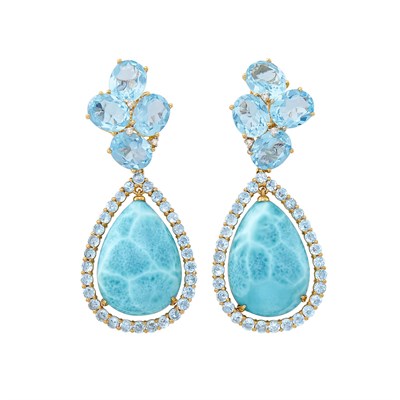 Lot 502 - Pair of Gold, Blue Topaz, Larimar and Diamond Pendant-Earclips