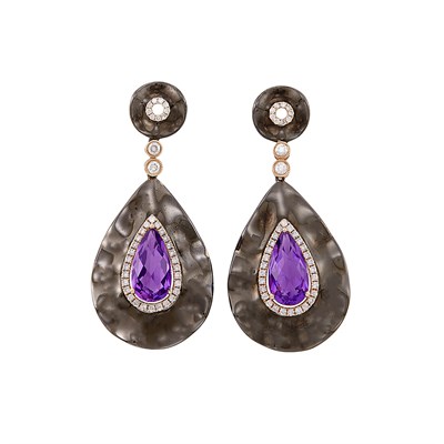 Lot 261 - Pair of Rose and Blackened Gold, Amethyst and Diamond Pendant-Earrings