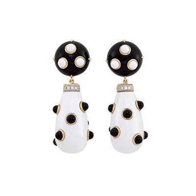Lot 590 - Pair of Gold, White Agate, Black Onyx and Diamond Pendant-Earclips
