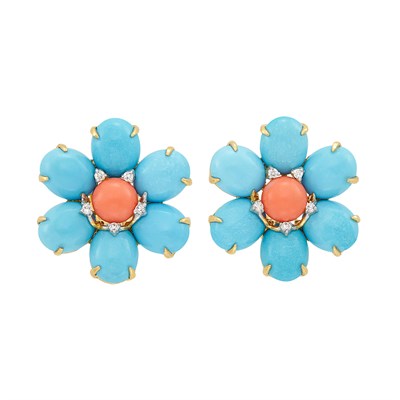 Lot 27 - Pair of Two-Color Gold, Turquoise, Coral and Diamond Flower Earclips