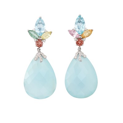 Lot 128 - Pair of White Gold, Gem-Set, Diamond and Greenish-Blue Agate Pendant-Earclips
