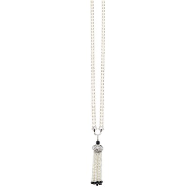 Lot 260 - Art Deco Seed Pearl, Platinum, Diamond and Black Onyx Bead Sautoir, France