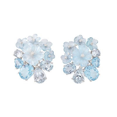 Lot 477 - Pair of White Gold, Aquamarine, Mother-of-Pearl and Diamond Flower Earclips