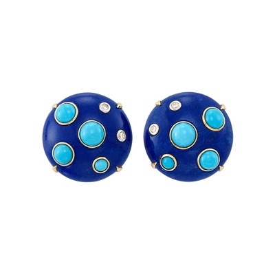Lot 601 - Pair of Gold, Lapis, Turquoise and Diamond Earclips