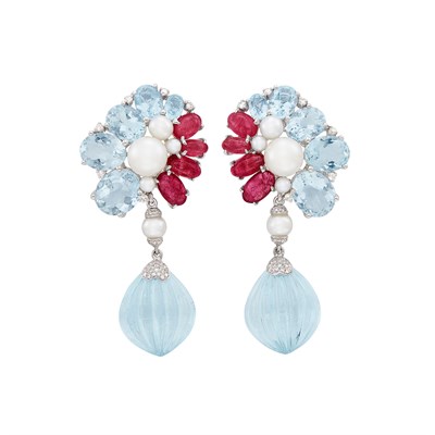 Lot 282 - Pair of White Gold, Aquamarine, Pink Tourmaline, Cultured Pearl and Diamond Pendant-Earclips