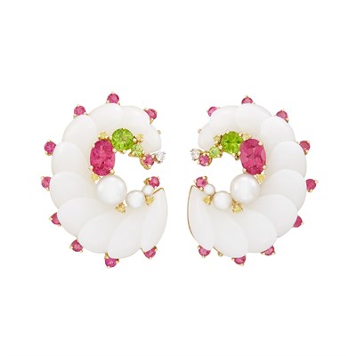 Lot 120 - Pair of Gold, White Quartz, Pink Tourmaline, Peridot, Cultured Pearl, Diamond and Yellow Diamond Earclips