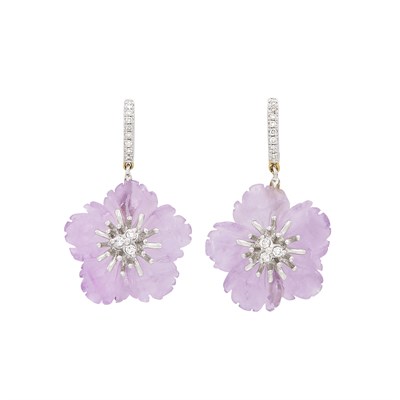 Lot 427 - Pair of Two-Color Gold, Carved Amethyst and Diamond Flower Pendant-Earrings