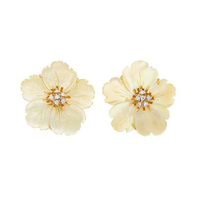 Lot 513 - Pair of Gold, Carved Mother-of-Pearl and Diamond Flower Earrings