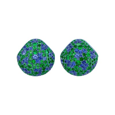 Lot 415 - Pair of Blue Titanium, Tsavorite Garnet and Sapphire Ball Earrings, Assil