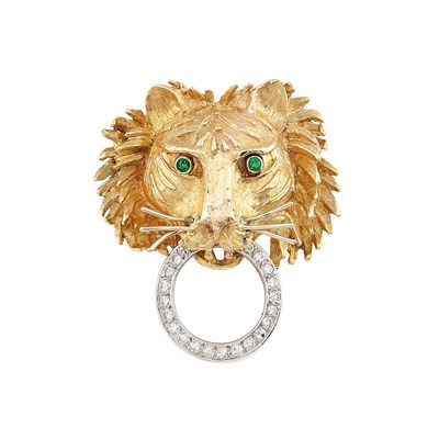 Lot 184 - Two-Color Gold, Diamond and Emerald Lion Head Pendant-Brooch