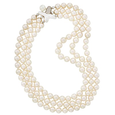 Lot 488 - Triple Strand Cultured Pearl Necklace with Gold, Freshwater and Cultured Pearl and Diamond Clasp, Christopher Walling