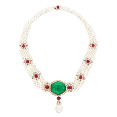 Lot 321 - Four Strand Cultured Pearl, Carved Emerald, Cabochon Ruby, South Sea Cultured Pearl and Diamond Pendant-Necklace, Van Cleef & Arpels