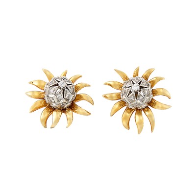 Lot 396 - Pair of Gold, Platinum and Diamond Flower Earclips, Tiffany & Co., Schlumberger