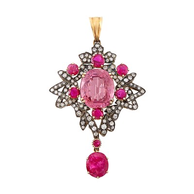 Lot 162 - Silver, Gold, Pink Spinel, Ruby and Diamond Pendant