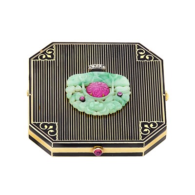 Lot 251 - Art Deco Gold, Platinum, Enamel, Carved Jade and Ruby and Diamond Compact, Cartier, Paris