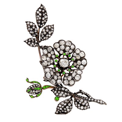Lot 156 - Antique Silver, Gold, Diamond and Demantoid Garnet Flower Clip-Brooch