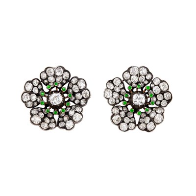 Lot 154 - Pair of Antique Silver, Gold, Diamond and Demantoid Garnet Flower Earclips