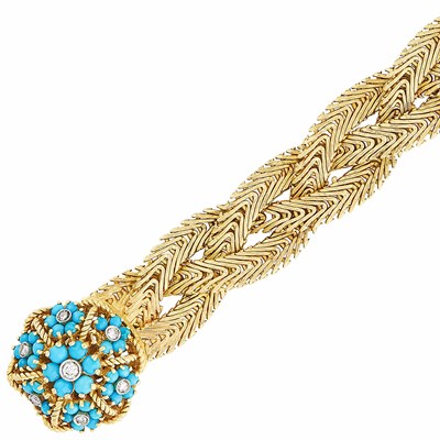 Lot 611 - Double Strand Braided Gold, Turquoise and Diamond Bracelet
