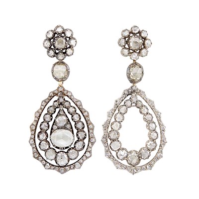 Lot 160 - Pair of Antique Silver, Gold and Diamond Pendant-Earrings