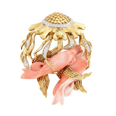 Lot 422 - Gold, Platinum, Carved Coral and Diamond Pendant-Brooch, Wander, France