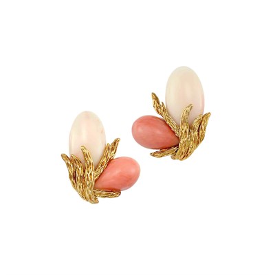 Lot 573 - Pair of Gold, White Coral and Angel Skin Coral Earclips