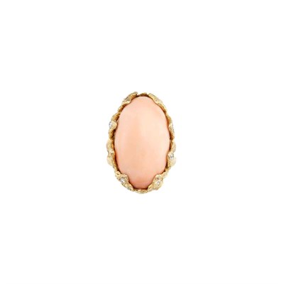 Lot 608 - Gold, Angel Skin Coral and Diamond Ring
