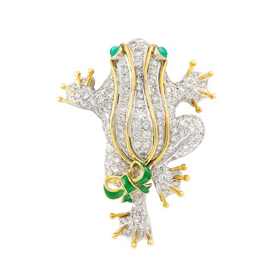 Lot 40 - Two-Color Gold, Diamond, Cabochon Emerald and Enamel Frog Brooch