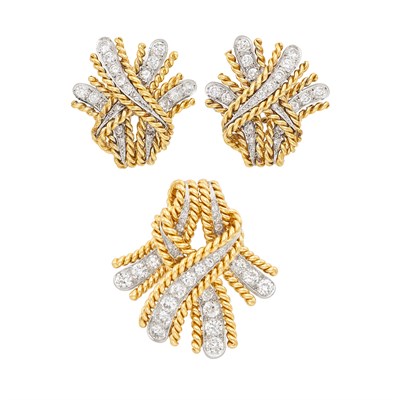 Lot 328 - Gold, Platinum and Diamond Ribbon Clip-Brooch and Pair of Earclips