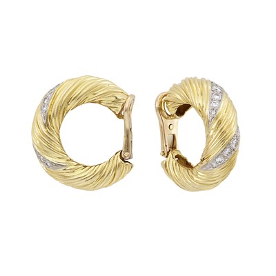 Lot 660 - Pair of Gold and Diamond Hoop Earclips, Kutchinsky