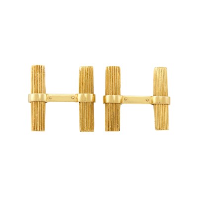 Lot 525 - Pair of Gold Cufflinks with Interchangeable Lapis and Wood Panels, Cartier, France