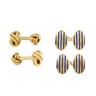 Lot 529 - Pair of Gold Love Knot Cufflinks, Tiffany & Co., and Pair of Gold and Enamel Cufflinks
