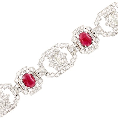 Lot 233 - Platinum, Cabochon Ruby and Diamond Bracelet