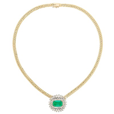 Lot 355 - Two-Color Gold, Emerald and Diamond Necklace