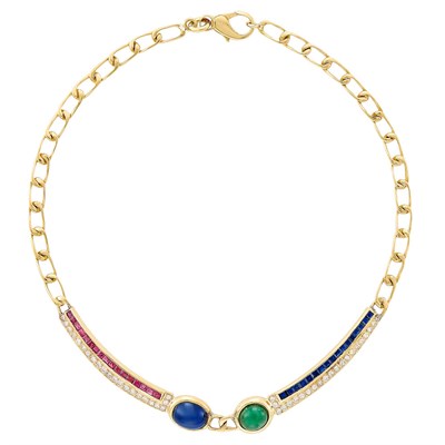 Lot 457 - Gold, Cabochon Emerald and Sapphire, Diamond and Gem-Set Necklace