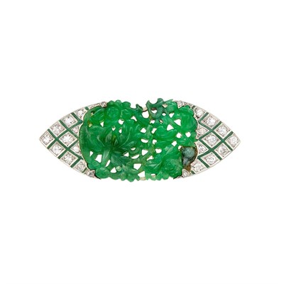Lot 307 - Platinum, White Gold, Carved Jade, Diamond and Green Enamel Brooch, France