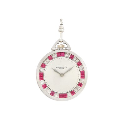 Lot 248 - Open Face Platinum, Synthetic Cabochon Ruby and Diamond Dress Pocket Watch, Patek Philippe, Tiffany & Co.