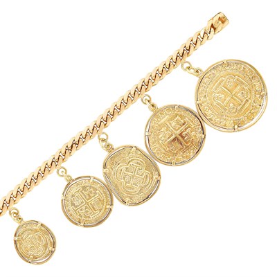 Lot 366 - Rose Gold Curb Link and Gold Medallion Charm Bracelet
