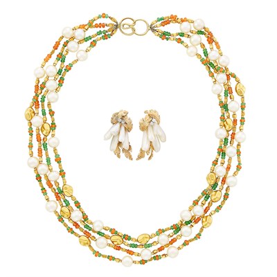 Lot 605 - Four Strand Gold, Freshwater Pearl, Demantoid Garnet and Orange Sapphire Bead Necklace and Pair of Freshwater Pearl Earr