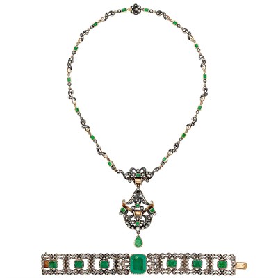 Lot 375 - Gold, Silver, Emerald and Diamond Pendant-Brooch Necklace and Bracelet